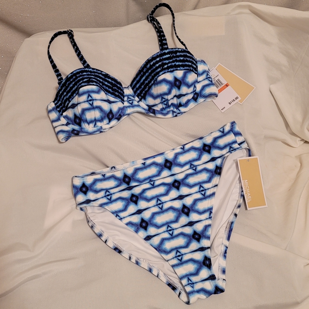 Two-piece bikini swimsuit by Michael Kors blue & white print size small NEW - Picture 1 of 5